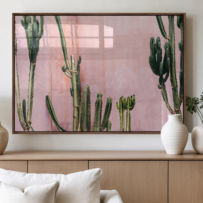 93119502-MGV-FP-36X24-3P_Walnut-Tall Cactus Wall Art Canvas Print, Framed Pink Wall Art Picture Print, Cactus Lines Perfect Modern Desert Decor Artwork