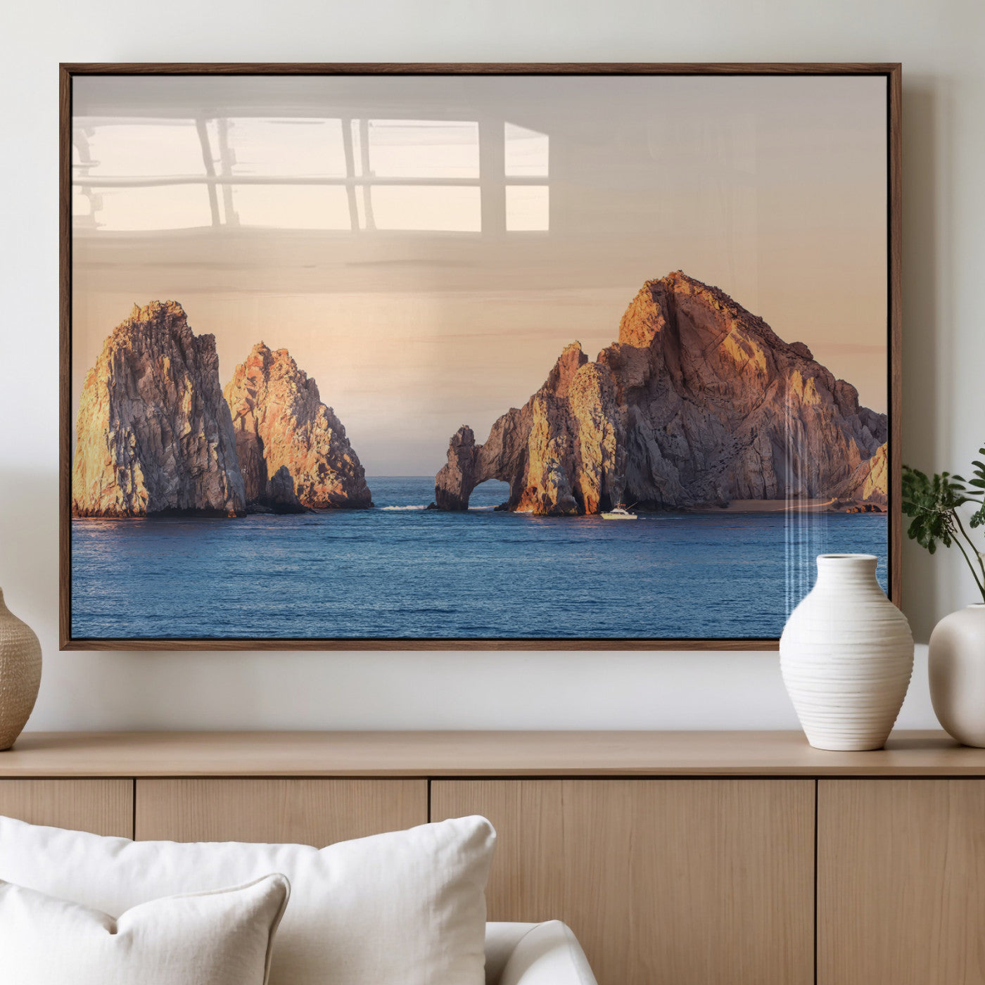 72996116-MGV-FP-36X24-3P_Walnut-El Arco Wall Art Canvas Print, Framed Cabo Rocks Art Picture Print, Ocean Arch Perfect Golden Coastal Landmark Decor Artwork