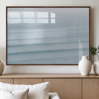 47814787-MGV-FP-60X30-3P_Walnut-Ocean Waves Wall Art Canvas Print, Framed Solo Surfer Art Picture Print, Wave Lines Perfect Minimalist Ocean Decor Artwork