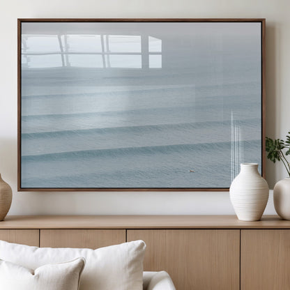 47814787-MGV-FP-60X30-3P_Walnut-Ocean Waves Wall Art Canvas Print, Framed Solo Surfer Art Picture Print, Wave Lines Perfect Minimalist Ocean Decor Artwork