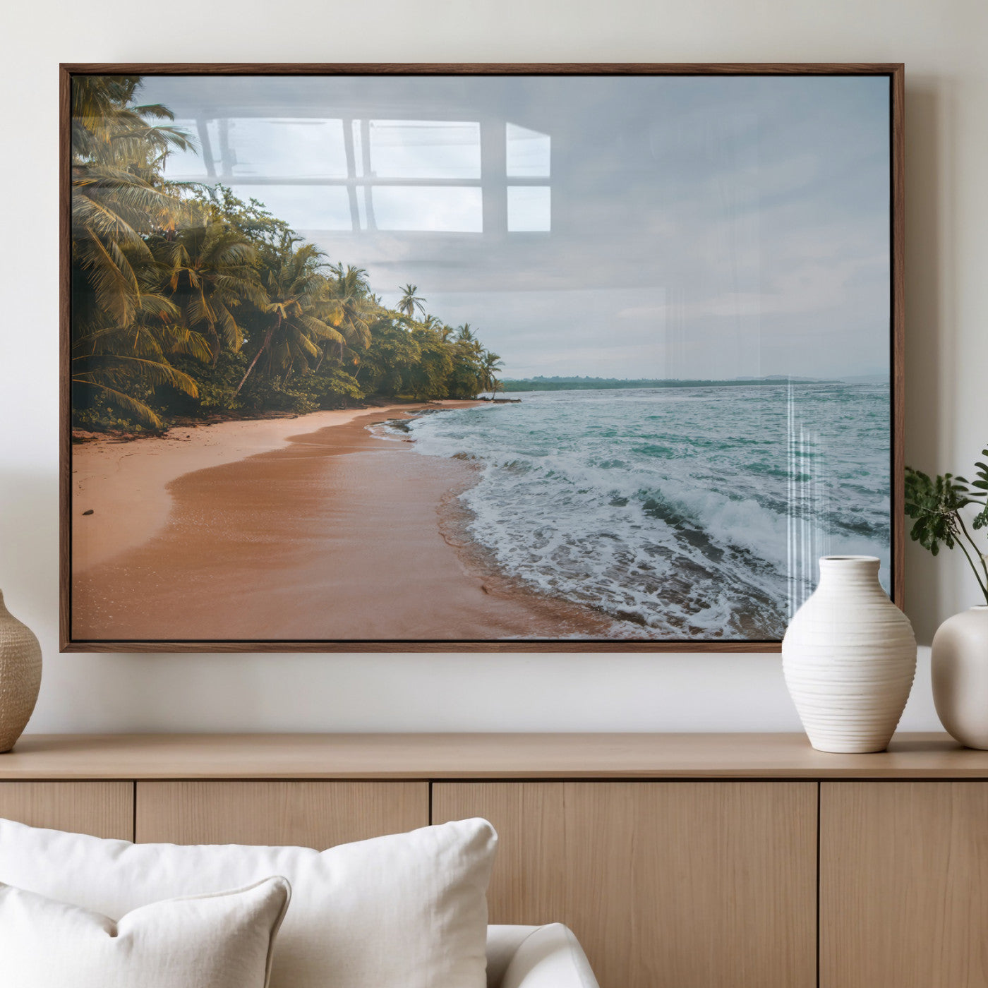 88125882-MGV-FP-36X24-3P_Walnut-Tropical Shoreline Wall Art Canvas Print, Framed Palm Trees Art Picture Print, Tropical Ocean Perfect Tropical Coastal Decor