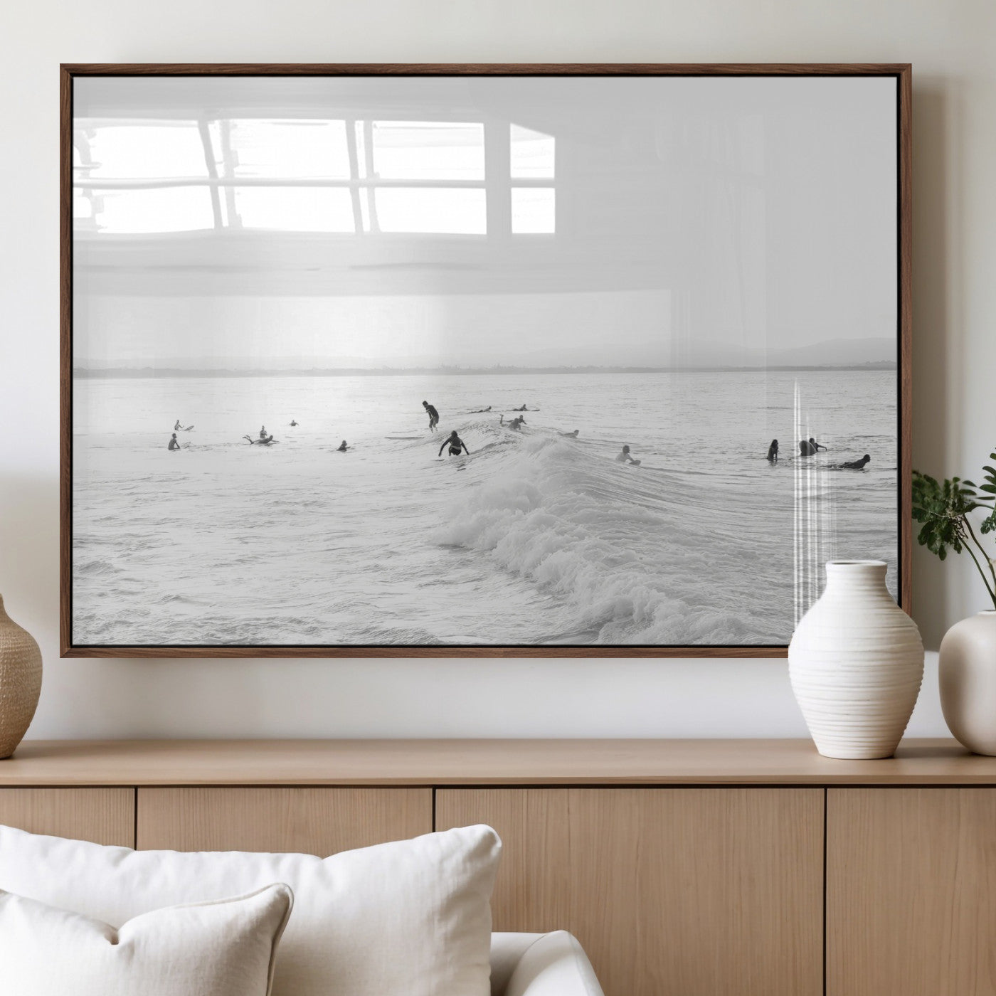 33449548-MGV-FP-60X30-3P_Walnut-Group Surfers Wall Art Canvas Print, Framed Ocean Wave Art Picture Print, Surf Crowd Perfect Monochrome Surf Decor Artwork