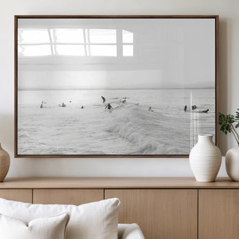 33449548-MGV-FP-36X24-3P_Walnut-Group Surfers Wall Art Canvas Print, Framed Ocean Wave Art Picture Print, Surf Crowd Perfect Monochrome Surf Decor Artwork