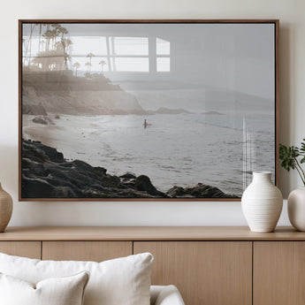 62501405-MGV-FP-36X24-3P_Walnut-Misty Beach Wall Art Canvas Print, Framed California Surfer Art Picture Print, Coastal Cliff Perfect Coastal Beach Decor Artwork