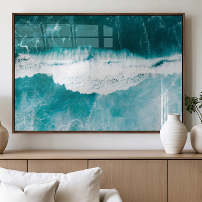 23828594-MGV-FP-36X24-3P_Walnut-Aerial Waves Wall Art Canvas Print, Framed Ocean Break Art Picture Print, Sea Foam Perfect Tropical Coastal Decor Artwork