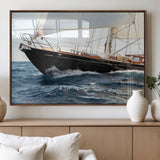 97168626-MGV-FP-36X24-3P_Walnut-Sailing Yacht Wall Art Canvas Print, Framed Wooden Yacht Art Picture Print, Ocean Waves Perfect Nautical Coastal Decor Artwork