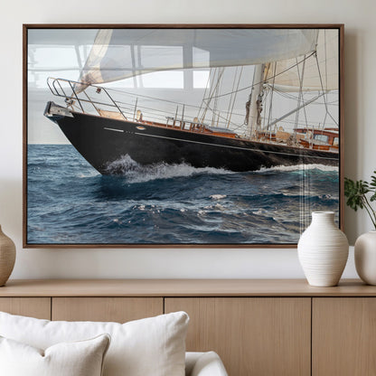 97168626-MGV-FP-36X24-3P_Walnut-Sailing Yacht Wall Art Canvas Print, Framed Wooden Yacht Art Picture Print, Ocean Waves Perfect Nautical Coastal Decor Artwork