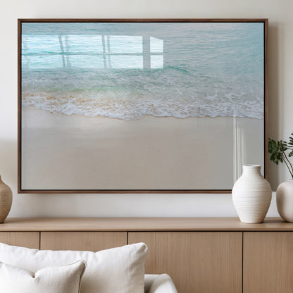 77194056-MGV-FP-36X24-3P_Walnut-Soft Shoreline Wall Art Canvas Print, Framed Gentle Waves Art Picture Print, Clear Water Perfect Minimalist Coastal Decor Artwork