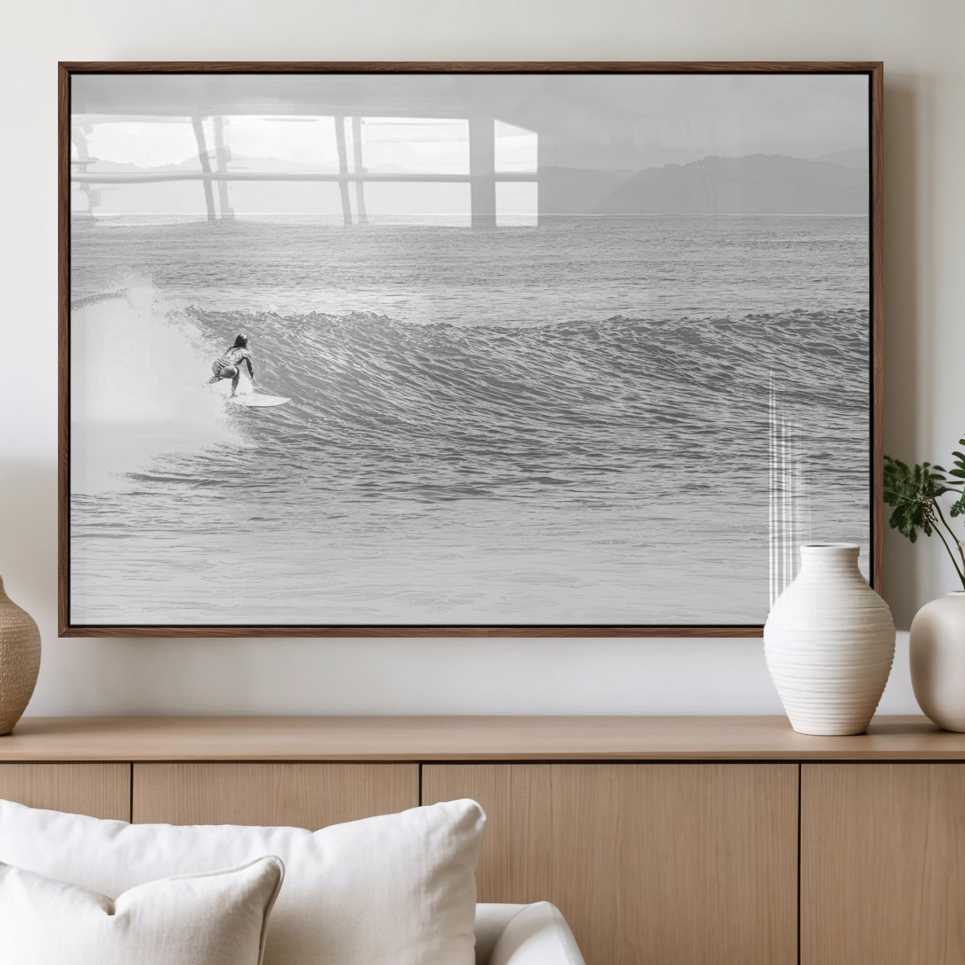 81535128-MGV-FP-60X30-3P_Walnut-Surfer Woman Wall Art Canvas Print, Framed Black Ocean Art Picture Print, Ocean Surfing Perfect Monochrome Coastal Decor Artwork