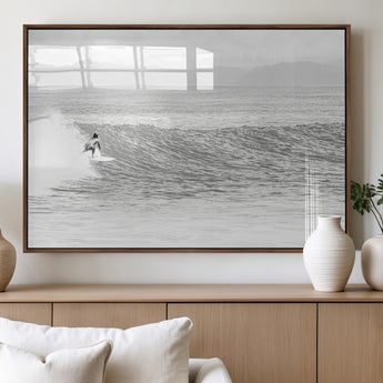 81535128-MGV-FP-60X30-3P_Walnut-Surfer Woman Wall Art Canvas Print, Framed Black Ocean Art Picture Print, Ocean Surfing Perfect Monochrome Coastal Decor Artwork