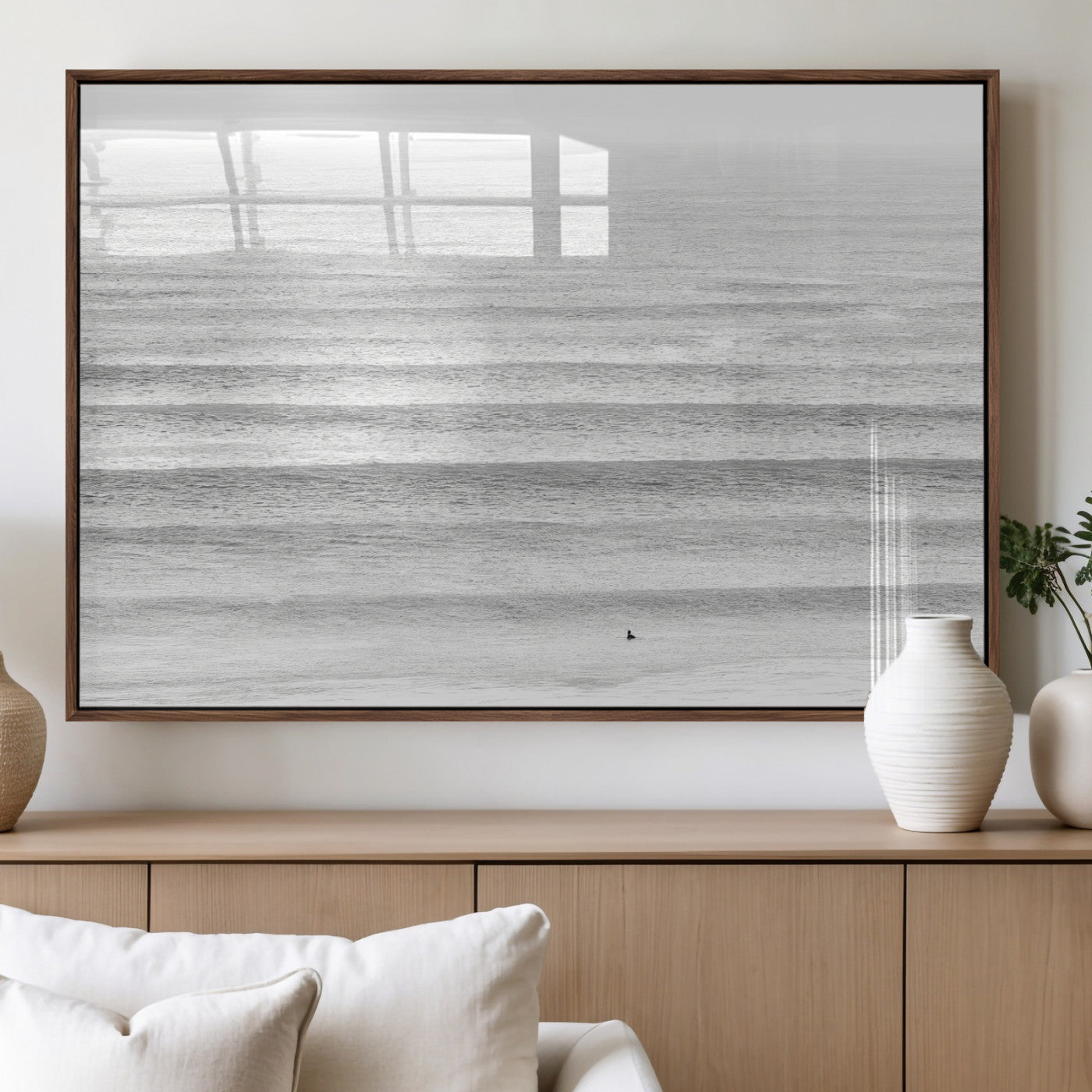 66534476-MGV-FP-36X24-3P_Walnut-Lone Surfer Wall Art Canvas Print, Framed Ocean Waves Art Picture Print, Minimal Sea Perfect Minimal Coastal Decor Artwork