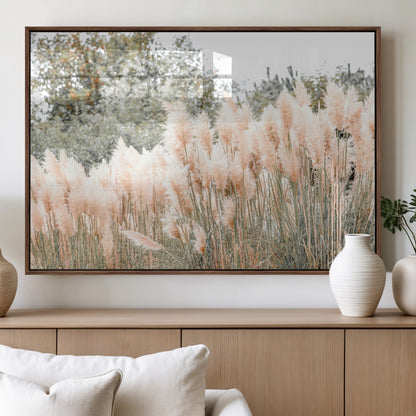 21826392-MGV-FP-60X30-3P_Walnut-Pampas Grass Wall Art Canvas Print, Framed Soft Pampas Art Picture Print, Pastel Grasses Perfect Soft Neutral Boho Decor Artwork