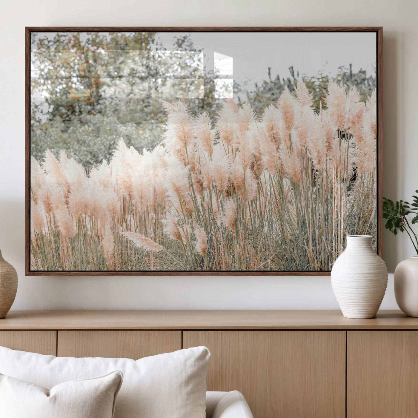 21826392-MGV-FP-36X24-3P_Walnut-Pampas Grass Wall Art Canvas Print, Framed Soft Pampas Art Picture Print, Pastel Grasses Perfect Soft Neutral Boho Decor Artwork