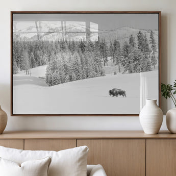 68081143-MGV-FP-36X24-3P_Walnut-Snowy Bison Wall Art Canvas Print, Framed Winter Forest Art Picture Print, Lone Bison Perfect Monochrome Winter Wild Decor Artwork
