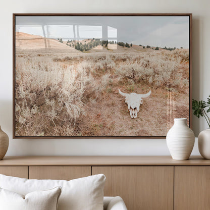 97234735-MGV-FP-60X30-3P_Walnut-Rustic Bones Wall Art Canvas Print, Framed Desert Sage Art Picture Print, Prairie Skull Perfect Minimal Rustic Decor Artwork