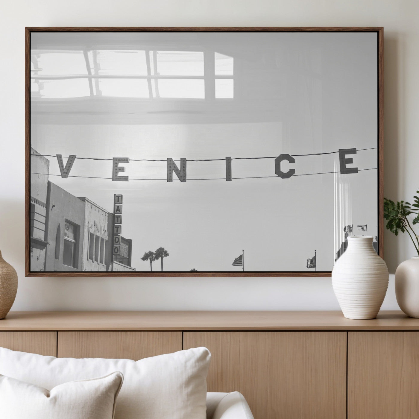 68254589-MGV-FP-60X30-3P_Walnut-Venice Sign Wall Art Canvas Print, Framed Venice Letters Art Picture Print, Los Angeles Perfect Minimalist Urban Decor Artwork