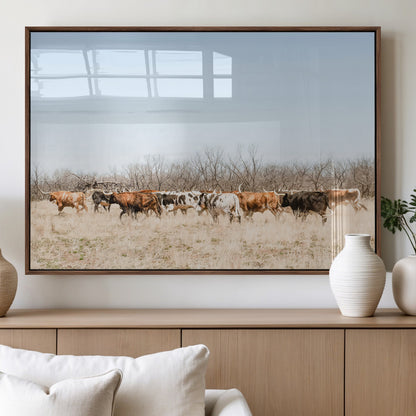 16563092-MGV-FP-60X30-3P_Walnut-Texas Longhorns Wall Art Canvas Print, Framed Western Cattles Art Picture Print, Rustic Herd Perfect Rustic Farmhouse Decor
