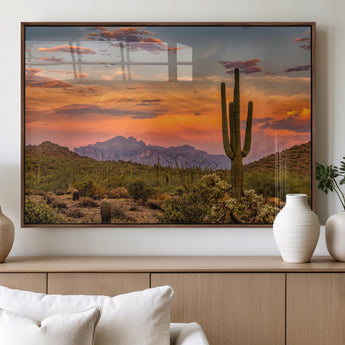 25332783-MGV-FP-60X30-3P_Walnut-Saguaro Cactus Wall Art Canvas Print, Framed Arizona Sunset Art Picture Print, Sonoran Desert Perfect Southwestern Boho Decor