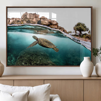 44200301-MGV-FP-60X30-3P_Walnut-Sea Turtle Swim Wall Art Canvas Print, Framed Ocean Life Art Picture Print, Tropical Shoreline Perfect Tropical Coastal Decor