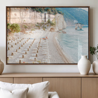84816639-MGV-FP-36X24-3P_Walnut-Mediterranean Beach Wall Art Canvas Print, Framed Airy Coastal Art Picture Print, Summer Shore Perfect Coastal Retreat Decor