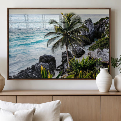 94669907-MGV-FP-60X30-3P_Walnut-Tropical Coastline Wall Art Canvas Print, Framed Palm Tree Art Picture Print, Rocky Beach Perfect Tropical Coastal Decor Artwork