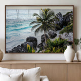 94669907-MGV-FP-36X24-3P_Walnut-Tropical Coastline Wall Art Canvas Print, Framed Palm Tree Art Picture Print, Rocky Beach Perfect Tropical Coastal Decor Artwork