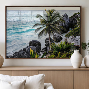 94669907-MGV-FP-36X24-3P_Walnut-Tropical Coastline Wall Art Canvas Print, Framed Palm Tree Art Picture Print, Rocky Beach Perfect Tropical Coastal Decor Artwork