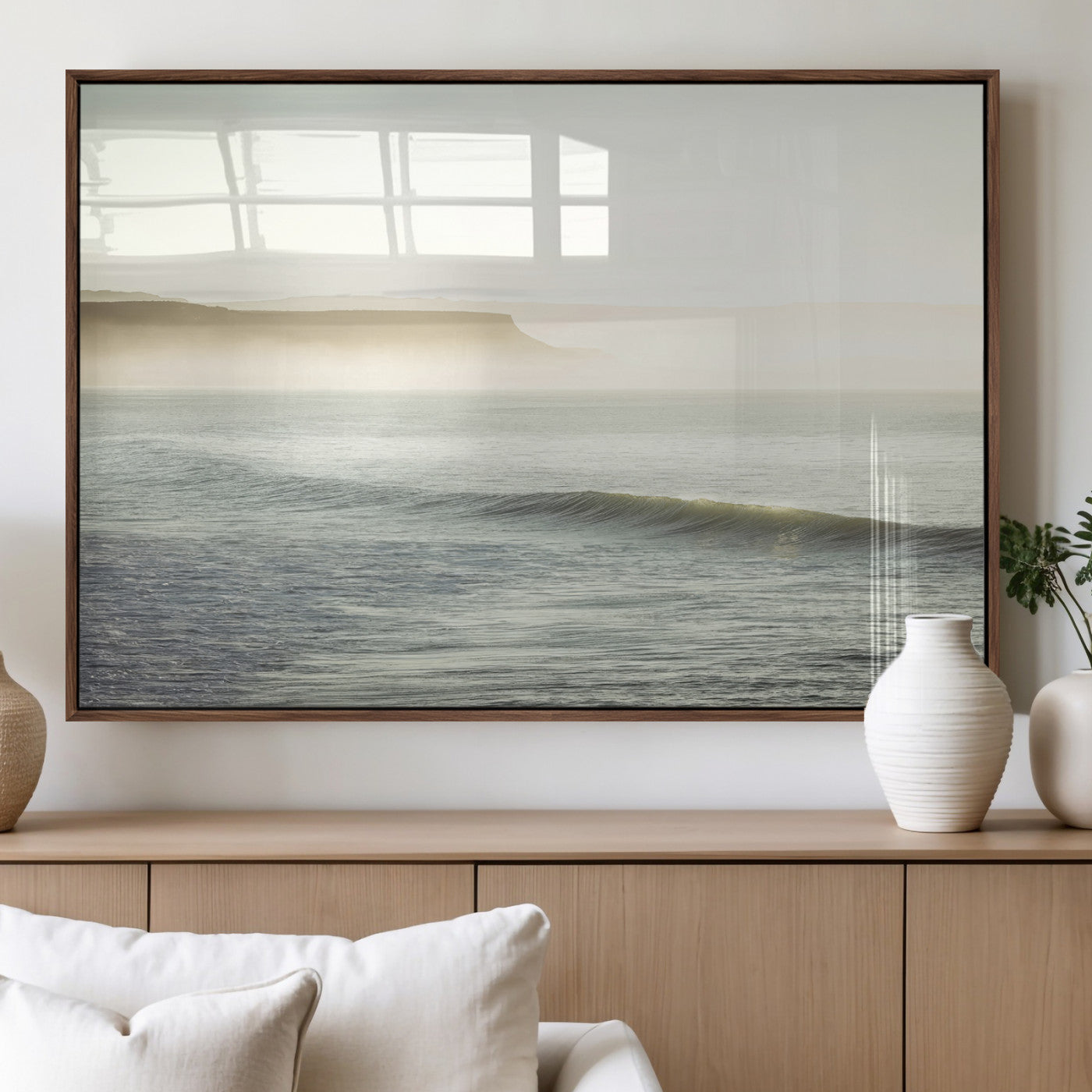 39310633-MGV-FP-36X24-3P_Walnut-Coastal Cliffs Wall Art Canvas Print, Framed Misty Ocean Art Picture Print, Morning Light Perfect Minimalistic Coastal Decor