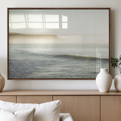39310633-MGV-FP-36X24-3P_Walnut-Coastal Cliffs Wall Art Canvas Print, Framed Misty Ocean Art Picture Print, Morning Light Perfect Minimalistic Coastal Decor