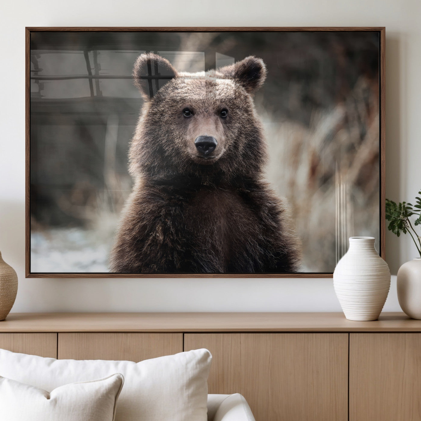 47112103-MGV-FP-36X24-3P_Walnut-Brown Bear Wall Art Canvas Print, Framed Forest Wildlife Art Picture Print, Woodland Bear Perfect Rustic Cabin Decor Artwork