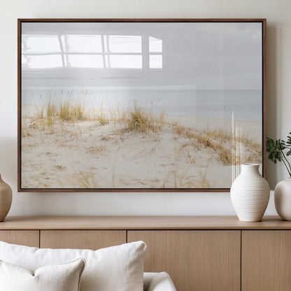 13146857-MGV-FP-36X24-3P_Walnut-Beach Dunes Wall Art Canvas Print, Framed Soft Horizon Art Picture Print, Coastal Grass Perfect Minimalist Coastal Decor Artwork