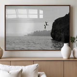 52284302-MGV-FP-60X30-3P_Walnut-Cliff Jumping Wall Art Canvas Print, Framed Ocean Adventure Art Picture Print, Black White Coast Perfect Modern Coastal Decor