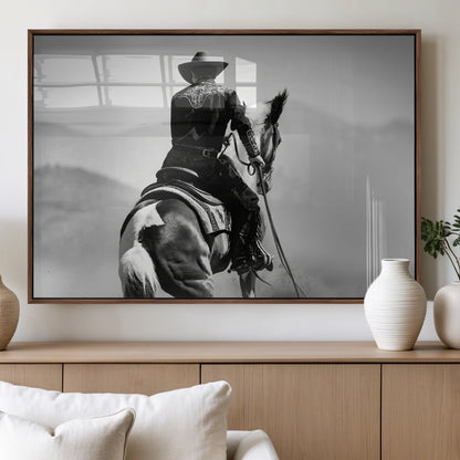 83102464-MGV-FP-60X30-3P_Walnut-Western Cowboy Wall Art Canvas Print, Framed Monochrome Horse Art Picture Print, Western Equestrian Perfect Rustic Western Decor