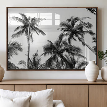 46641801-MGV-FP-60X30-3P_Walnut-Palm Tree Wall Art Canvas Print, Framed Black White Tropics Art Picture Print, Monochrome Palms Perfect Modern Tropical Minimalist