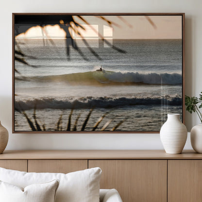 24896468-MGV-FP-60X30-3P_Walnut-Sunset Surf Wall Art Canvas Print, Framed Golden Waves Art Picture Print, Tropical Ocean Perfect Tropical Boho Decor Artwork
