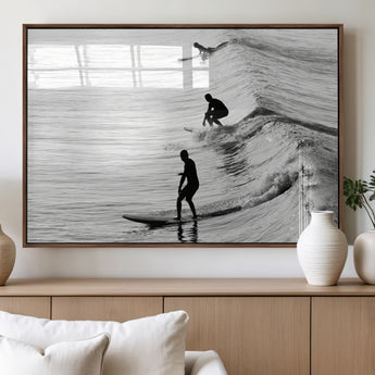 19875284-MGV-FP-36X24-3P_Walnut-Surfer Waves Wall Art Canvas Print, Framed Black White Surf Art Picture Print, Monochrome Ocean Perfect Modern Coastal Decor