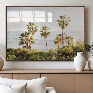 94707294-MGV-FP-60X30-3P_Walnut-California Coast Wall Art Canvas Print, Framed Palm Trees Art Picture Print, Coastal Landscape Perfect Coastal Minimalist Decor