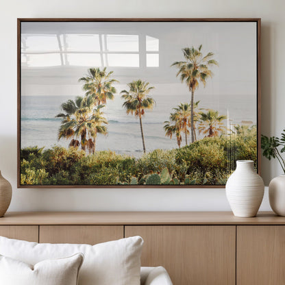 94707294-MGV-FP-36X24-3P_Walnut-California Coast Wall Art Canvas Print, Framed Palm Trees Art Picture Print, Coastal Landscape Perfect Coastal Minimalist Decor