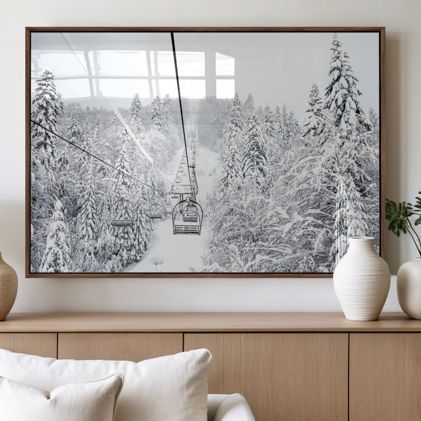 44705668-MGV-FP-36X24-3P_Walnut-Winter Forest Wall Art Canvas Print, Framed Snowy Forest Art Picture Print, Ski Lift Perfect Scandinavian Decor Artwork