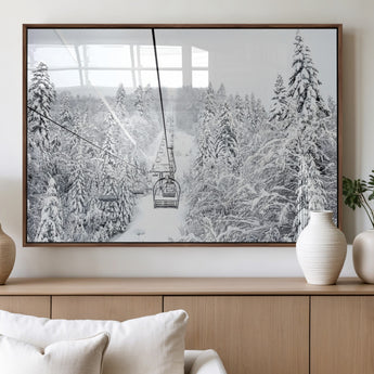44705668-MGV-FP-36X24-3P_Walnut-Winter Forest Wall Art Canvas Print, Framed Snowy Forest Art Picture Print, Ski Lift Perfect Scandinavian Decor Artwork
