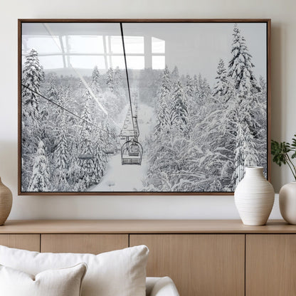 44705668-MGV-FP-36X24-3P_Walnut-Winter Forest Wall Art Canvas Print, Framed Snowy Forest Art Picture Print, Ski Lift Perfect Scandinavian Decor Artwork