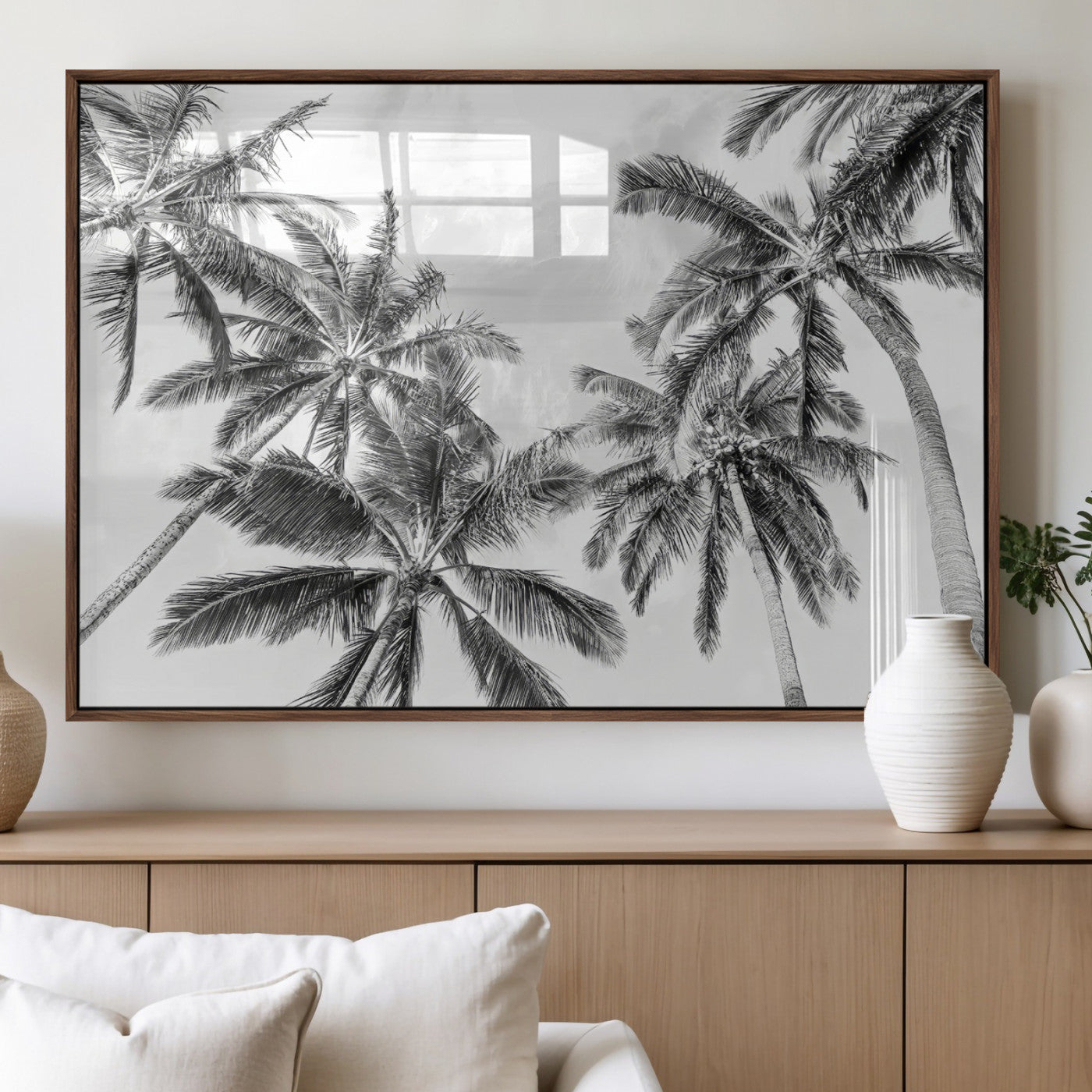 62113786-MGV-FP-60X30-3P_Walnut-Black White Palm Wall Art Canvas Print, Framed Monochrome Tropics Art Picture Print, Minimalist Beach Perfect Coastal Minimalist