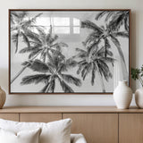 62113786-MGV-FP-60X30-3P_Walnut-Black White Palm Wall Art Canvas Print, Framed Monochrome Tropics Art Picture Print, Minimalist Beach Perfect Coastal Minimalist