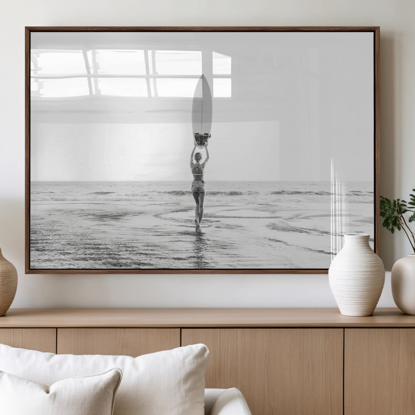 98446901-MGV-FP-36X24-3P_Walnut-Monochrome Surf Wall Art Canvas Print, Framed Minimalist Surfer Art Picture Print, Surfboard Silhouette Perfect Coastal Minimalist