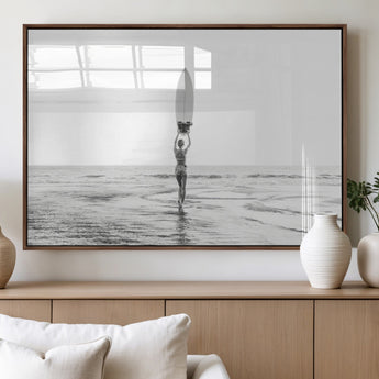 98446901-MGV-FP-36X24-3P_Walnut-Monochrome Surf Wall Art Canvas Print, Framed Minimalist Surfer Art Picture Print, Surfboard Silhouette Perfect Coastal Minimalist