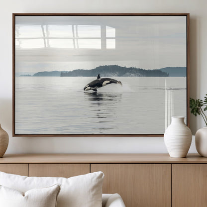 10157174-MGV-FP-60X30-3P_Walnut-Orca Whale Wall Art Canvas Print, Framed Black White Whale Art Picture Print, Minimalist Ocean Perfect Coastal Minimalist Decor