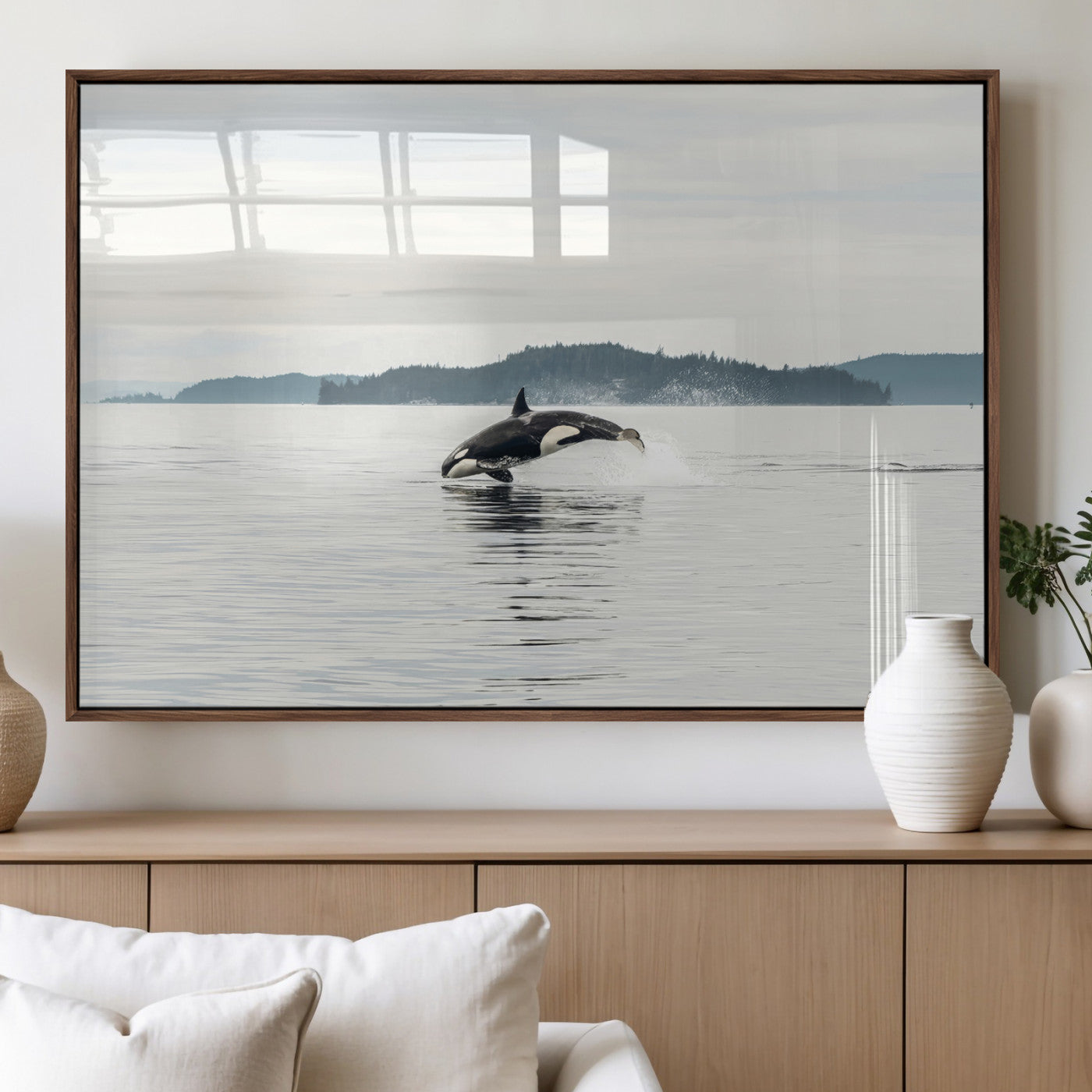 10157174-MGV-FP-36X24-3P_Walnut-Orca Whale Wall Art Canvas Print, Framed Black White Whale Art Picture Print, Minimalist Ocean Perfect Coastal Minimalist Decor