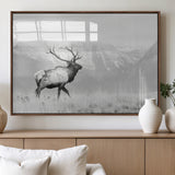 62278753-MGV-FP-36X24-3P_Walnut-Monochrome Elk Wall Art Canvas Print, Framed Mountain Wildlife Art Picture Print, Rustic Nature Perfect Rustic Minimalist Decor