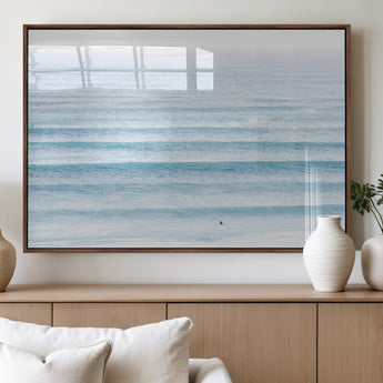 77145995-MGV-FP-36X24-3P_Walnut-Ocean Simplicity Wall Art Canvas Print, Framed Surfer on Water Art Picture Print, Light Blue Perfect Coastal Minimalist Decor