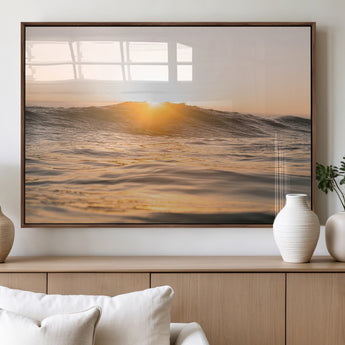 16973771-MGV-FP-60X30-3P_Walnut-Calm Water Wall Art Canvas Print, Framed Sunset Waves Art Picture Print, Coastal Warmth Perfect Warm Minimalist Decor Artwork